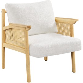 Yaheetech Accent Chair, Boucle Vanity Chair with Rattan Back Arms, Mid Century Chair Upholstered Living Room Chair Lounge Chair Bedroom Balcony White