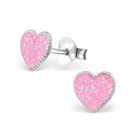 Glittery Pink Heart Stud Earrings 925 Sterling Silver Girls Children, Sterling Silver enamel Sterling silver, No Gemstone