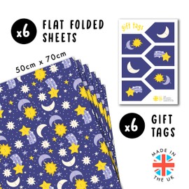 Blaues Geschenkpapier – Mond, Sterne, Weltraum – 6 Bögen für Kinder, Jungen, Mädchen – Für Weihnachten, Geburtstag, Taufe, Babyparty – Lila Design – Inkl Etiketten