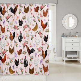 Feelyou - Cortina de baño de pollo de 72 x 84 pulgadas, bonita cortina de ducha de animales rosa para niños, niñas, decoración de animales de granja, juego de cortina de ducha floral para niños,