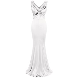 MUXXN White Maxi Dress Sleeveless 1950s Retro V Neck Plain Satin Long Formal Gowns and Evening Dresses for Women XL