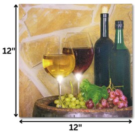 BANBERRY DESIGNS Lighted Wine Canvas Print Wall Art - LED Glasses Wine Bottles Grapes on a Barrel - Measures 12" x 12"