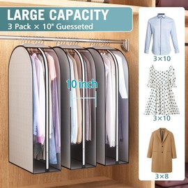 Liuoud Garment Bag For Hanging Clothes 40" Longth- 3 Pack 10" Gusseted Suit Bags For Closet Storage, Plastic Clothes Storage Bag For Suit Coat Dress, fur, Clothes Cover For Open Closet