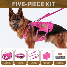 Forestpaw Pink Tactical Dog Harness for Large Dogs,Tactical Dog Collar with Bungee Leash Set,No Pull Military Dog Harness for Walking Training,Adjustable for Medium Large Dogs,Chest 21.5-45"