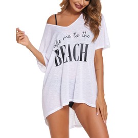 Women's Beach Dress Bikini Cover Up Summer Beach Poncho Swimwear V-Neck Beach Loose Cover Up Shirt with Print, White