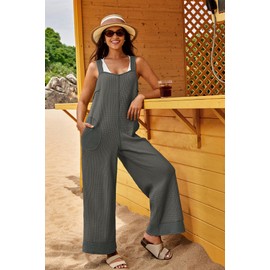 Panadila Womens Waffle Knit Jumpsuit Casual Wide Leg Jumpsuits Oversized Long Rompers Open Back Loose Overalls(Grey,M)