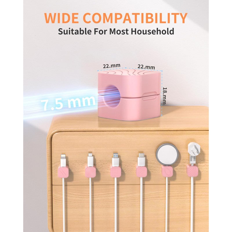 6-Pack Pink Cable Organizer Clips, Magnetic Cable Holder, XOVRAETH Strong