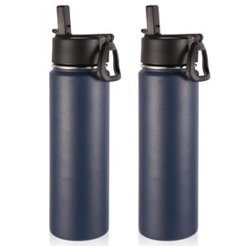 Volhoply Insulated Water Bottles with Straw Bulk 2 Pack, 22 oz Reusable Stainless Steel Sports Bottle with Handle Lid, Double Walled Vacuum Metal Travel Cold Water Thermos with Wide Mouth (Navy,2 Set)
