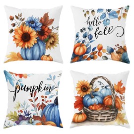 SEGXCFL Fall Pillow Covers 18x18 Set of 4 Velvet Pillow Cover Pumpkin Floral Decorative Pillow Case Vintage Blue Indoor Outdoor Home Decor for Couch Bed Living Room