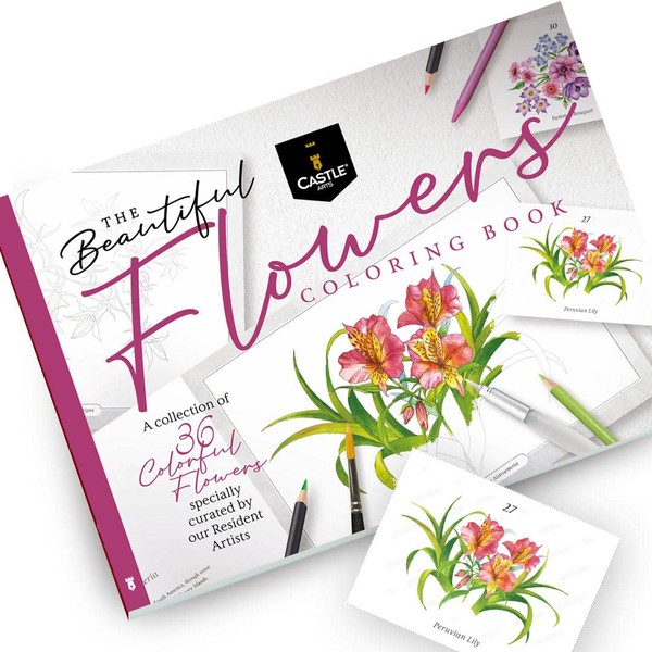 Castle Arts Flower Colouring Book | 36 Blooms that Invite Mindfulness Curated by Resident Artists with Colour Reference Guide | Opaque Artist Quality Paper | Framable A4 Landscape Format