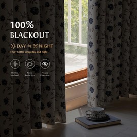 Beauoop Blue Floral 100% Blackout Curtains 63 Inches Long 2 Panels for Bedroom Living Room Vintage Rose Flower Patterned Room Darkening Thermal Soundproof Grommet Window Treatments Drapes, 52X63
