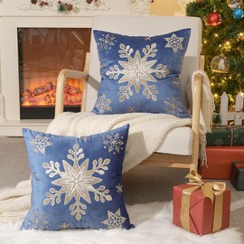Lewondr 18 x 18 Inches Pack of 2 Christmas Throw Pillow Covers, Soft Velvet Decorative Throw Pillow Cases with Embroidery Snowflakes for Couch Sofa Square Pillow Covers for Winter Holiday, Blue