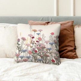 kdqua Wildflower Floral Botanical Prints Pillow Covers 18x18, Colorful Flower Leaves Watercolor Decorations Throw Pillow Cover, Wildflower Nursery Farmhouse Cushion Case for Couch Bed Soft Decor