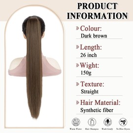 XFSRG 66cm Haarteil Pferdeschwanz Glattes Haar Extensions Echthaar Haarverlängerung Zopf Haarteil Mit Klammer Fake Haare Haarverdichtung Echthaar Clips Für Dates Party(Dunkelbraun)