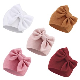 DRESHOW Newborn Baby Hats Hospital Hat Beanie Infant Bow Hats for 0-6 Months, 5 pack bow hats set22-10uk