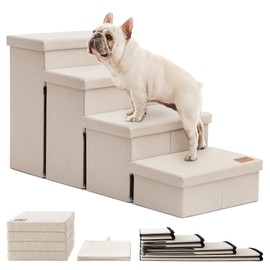 Love's cabin Dog Stairs for Small Medium or Large Dogs with Storage and Adjustable Steps, Foldable Pet Steps for Bed or Couch, 4-Step Beige Folding Cat Ramp with Zip up to 200 lbs,Beige