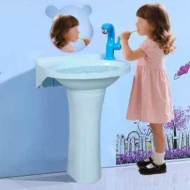 toddler sink Plastic Pedestal Sink small Bathroom Pedistal kids Sinks Set Wash training 15.7"x11"x21"H No-Drill Installation Self-Adhesive with Faucet Hole for Lavatory Room Column Wash Basin (blue)