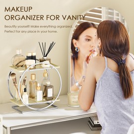 YIWANFW Perfume Organizer for Dresser, 2-Tier Bathroom Counter Organizer, Elegant Makeup Organizer for Vanity, Cream White Cosmetics Skincare Organizers, Multi-Purpose Bathroom Organizers and Storage