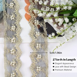 URROMA Lace Trim, 2Yds Ethnic Style Gold Embroidery Lace with Nail Bead Gold Thread Black Mesh Clothing Decoration Trim DIY Lamp Wedding Decors
