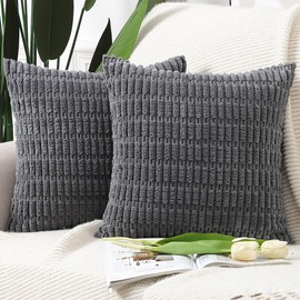 Madizz Pack of 2 Boho Striped Corduroy Throw Pillow Covers 16x16 inch, 40x40 cm, Dark Grey Soft Decorative Cushion Cover for Sofa Bedroom Pillow Shell
