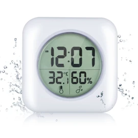Waterproof Watch, Digital Thermometer/Hygrometer, Waterproof Clock, Bathroom Clock, Large Screen, Wall Mounted, Desk Clock, Suction Clock, Japanese Simple Instruction Manual Included, White