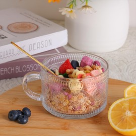 Fashionstorm Glass Coffee Mugs Set of 2, Overnight Oats Containers with Spoons and Bamboo Lids, 14oz Clear Embossed Tea Cups, Ideal Coffee Bar Accessories Gifts for Women