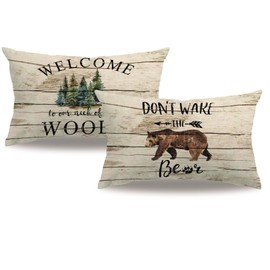 2Pack Forest Animals Pillow Cover Double-sided printed Wood Grain Background Wake The Bear Rectangular/Waist Cushion Cover Vintage Style Farmhouse Home Decor Pillowcases 12" x 20" for Patio Sofa Couch