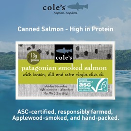 Cole's Patagonian Smoked Salmon Fillet w/Lemon & Dill in Extra Virgin Olive Oil | 3.2 oz Hand-Packed Smoked Salmon Canned | 13g Protein | Pack of 5