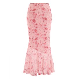 Verdusa Women's Floral Print High Waist Bodycon Ruffle Hem Fishtail Long Skirt Light Pink Medium
