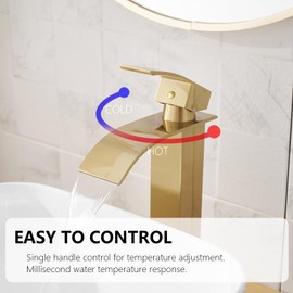 BATHLAVISH Brushed Gold Bathroom Sink Faucet Waterfall Single Hole Single Handle with Pop Up Drain with Overflow 1 Hole Deck Mounted Vanity Lavatory Mixer Tap Modern Commercial