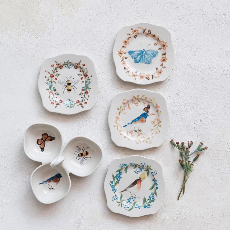 Scalloped Stoneware Plate with Insects, Birds & Flowers, Multi Color,