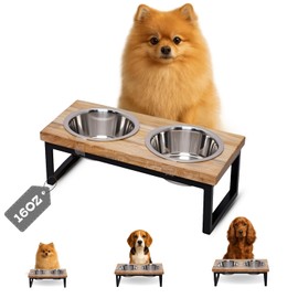 AASPIRE PETS Elevated Dog Bowls, 4” Small Dogs & Cats Raised Bowl Mango Wood Stand, Food & Water 2 Stainless Steel Dishes Each 16oz/2Cup Capacity, Non-Slip Pet Feeder Station in Brown for Toy Breeds