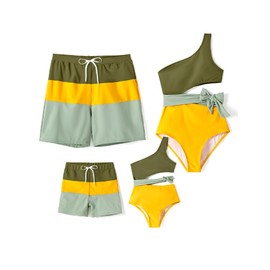 PATPAT Family Matching Swimsuits Mommy and Me Bathing Suits One Piece Swimwear Sets Colorblock Swim Trunks Shorts Yellow Green for Couple Men XL