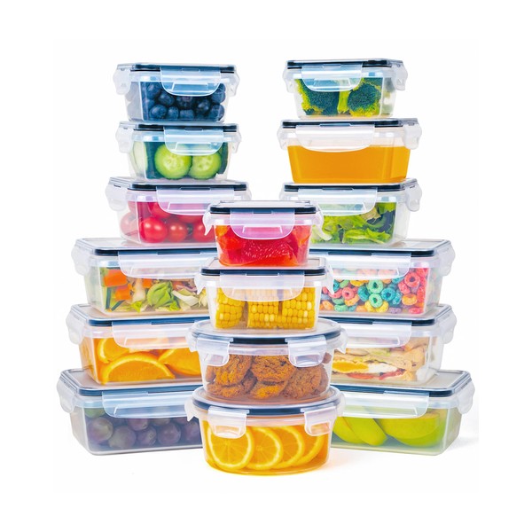 FOOYOO 32 Piece Food Storage Container with Lids (16 Containers + 16 Lids) - Plastic Food Airtight Leak Proof Snap Lock Lids, BPA Free Storage Containers with Lids