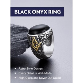 Bandmax Stainless Steel Men Ring Size 13 Black Onyx Ring Vintage Retro Style Biker Ring Masonic Signet Ring Black Gem Stone Statement Ring Freemason Jewelry