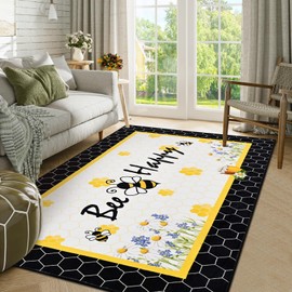 ASPMIZ Yellow Bee Area Rug, Honey Bee Happy 3x5 Rug Washable Non Slip, Daisy Floral Rugs for Living Room, Foldable Low Pile Soft Throw Rug Carpet for Bedroom Kitchen Dining Room Nursery Office