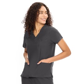 COZYFIT Scrub V-Neck Tops for Women, Soft Stretch Women's Tops Easy Care with 3 Pockets, Dark Grey, M