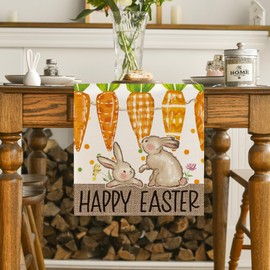 Artoid Mode Carrot Bunny Rabbit Happy Easter Table Runner,Seasonal Spring Flowers Kitchen Dining Table Runner for Home Party Decor 13x48 Inch