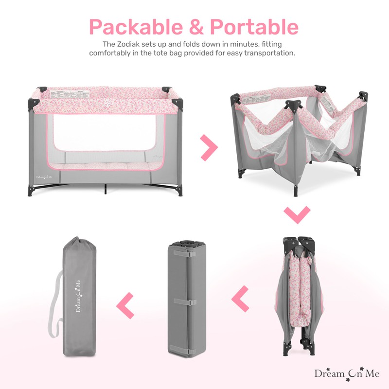 Dream On Me Zodiak Portable Playard in Grey and Pink,