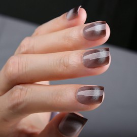 MqpQ Press On Nails Short Square - Magnetic French Tip with Smile Line, Opaque Soft Gel Cat Eye Fake Nails Kit - 24pcs Reusable Nails for Women, Cocoa Spark