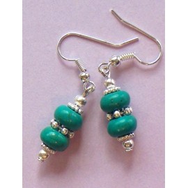 handcrafted by BeJay double blue green TURQUOISE HOWLITE saucer earring SP FISH HOOK