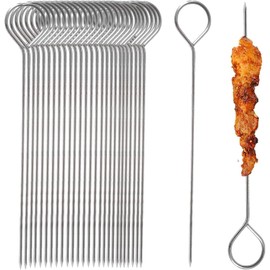 30 Pieces Metal BBQ Skewers, 25cm Stainless Steel Kebab Skewer, Metal Skewers for Grilling, Reusable Barbeque Skewer with Ring-Tip Handle, Kabobskewer for Chicken, Fruit, Vegetable, Meat, Beef