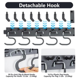 WellMade 64'' Adjustable Garden Tool Organizer, Garage Storage System with Hooks, Wall Mount Tool Organization Rack, Black