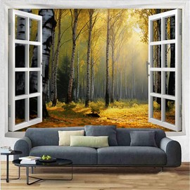 FENDROM Window View Nature Forest Tapestry Wall Hanging Sunlight in Fall Forest Path Autumn Landscape Large Tapestries Wall Art for Bedroom Living Room Dorm