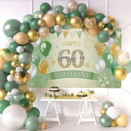 Mocsicka Happy 60th Birthday Banner Sage Green Gold 60th Birthday Decorations for Women Men 60th Birthday Sign Green Happy 60th Photo Banner