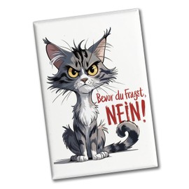 Ernste Katze – Bevor du frag du frast Nein Souvenir Souvenir Magnet Souvenir Magnet with Serious Cat Grey Fur Yellow Eyes and Questioning Facial Expression