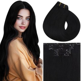 Vivien Black Clip in Hair Extensions Human Hair Black Clip in Hair Extensions Silky Straight Human Hair Clip in Extensions 7pcs 10 Inch 80g #1