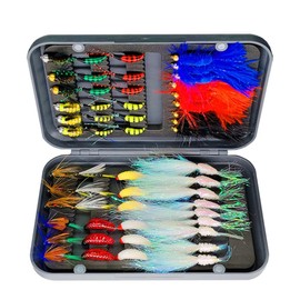 Qitewwrme Fly Fishing Flies Kit, 24-100Pcs Handmade Fly Fishing Artificial Fly Baits Lures with Dry/Wet Flies, Streamers, Fly Assortment Trout Bass Fishing with Fly Box (54Pcs/Kit(10 Mixed Styles))