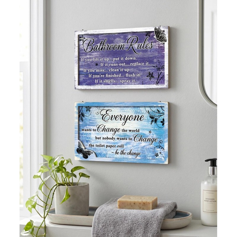 2 Piece Funny Bathroom Rules Wall Art, Rustic Wooden Hanging