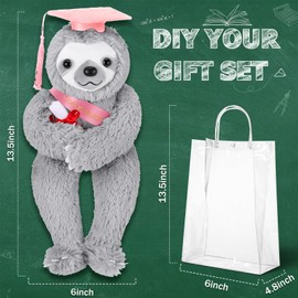 Hollowfly 2025 Graduation Gifts Plush Bear 10 Inch Stuffed Animal Signature for Class of 2025 Graduation Congratulations with Cap Plushies Bear with Clear PVC Bag for Students(Pink,Sloth)